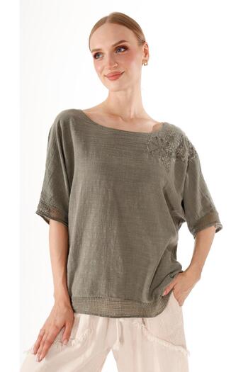 shE tekstil Shoulder Sequined Floral Linen Blouse