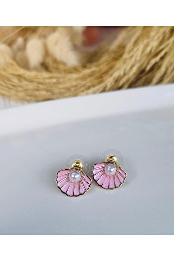 My Life Accessory Women's Pink Seashell Design Pearl Detailed Steel Earrings Allergy Free No Tarnish