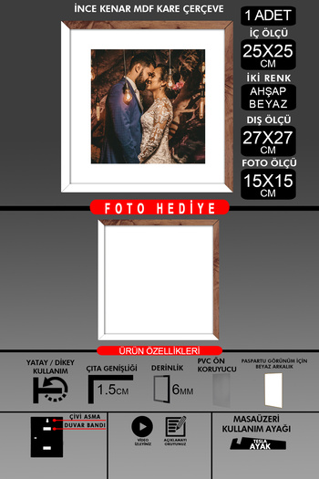 yhfoto 1 Piece 25X25 Frame - Thin Slatted Frame - 2 Colors White Wood - Square Frame Photo Frame