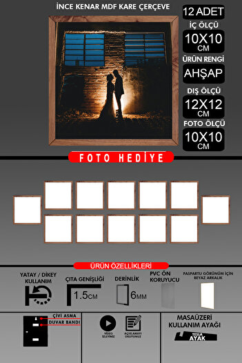 bymat 12 Pieces 10X10 Frame - Fine Slatted Frame - Wooden Frame - Square Frame - Photo Frame