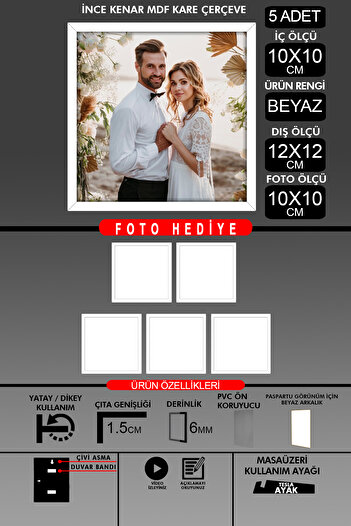 Bytwo 5Pcs 10X10 Frame - Fine Slatted Frame - White Frame - Square Frame - Photo Frame