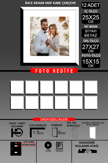 Bytwo 12Pcs 25X25 Frame - Fine Slatted Frame - 2 Colors Black White - Square Frame Photo Frame