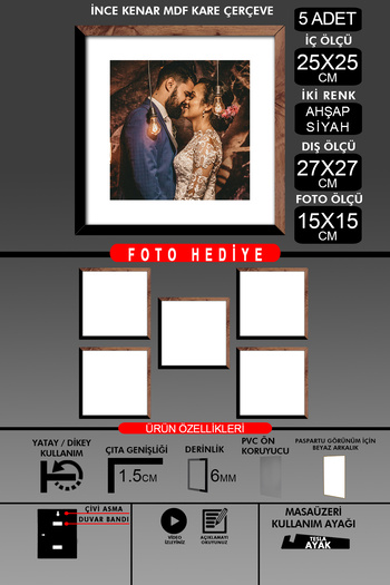 bymat 5Pcs 25X25 Frame - Thin Slatted Frame - 2 Colors Wood Black - Square Frame Photo Frame