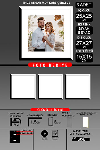 yhfoto 3Pcs 25X25 Frame - Thin Slatted Frame - 2 Colors Black White - Square Frame Photo Frame