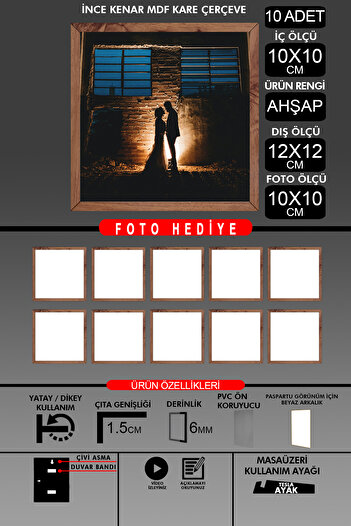 Bytwo 10Pcs 10X10 Frame - Fine Slatted Frame - Wooden Frame - Square Frame - Photo Frame