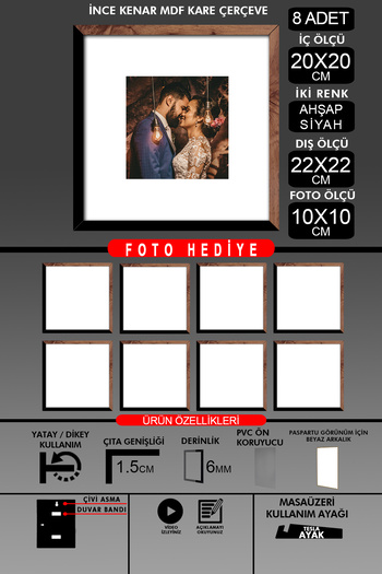 bymat 8 Pieces 20X20 Frame - Thin Slatted Frame - 2 Colors Wood Black - Square Frame Photo Frame