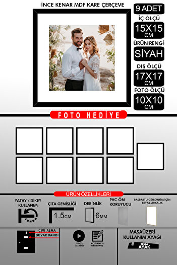 yhfoto 9 Pieces 15X15 Frame - Thin Slatted Frame - Black Frame - Square Frame - Photo Frame