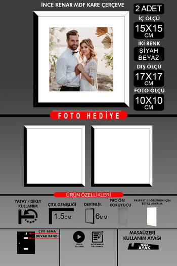 Bytwo 2Pcs 15X15 Frame - Thin Slatted Frame - 2 Colors Black White - Square Frame Photo Frame