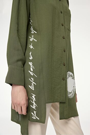 Zühre Patterned Shirt Collar Khaki Tunic T-1581