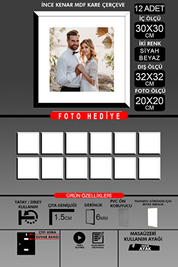 Bytwo 12 Pieces 30X30 Frame - Thin Slatted Frame - 2 Colors Black White - Square Frame Photo Frame