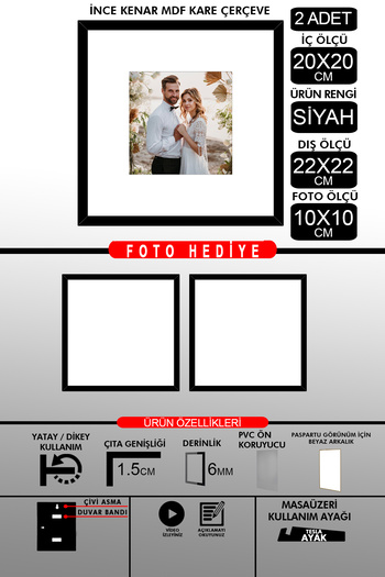 yhfoto 2 Pieces 20X20 Frame - Thin Slatted Frame - Black Frame - Square Frame - Photo Frame