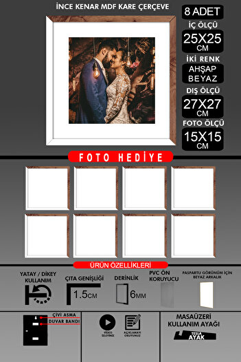 yhfoto 8 Pieces 25X25 Frame - Thin Slatted Frame - 2 Colors White Wood - Square Frame Photo Frame