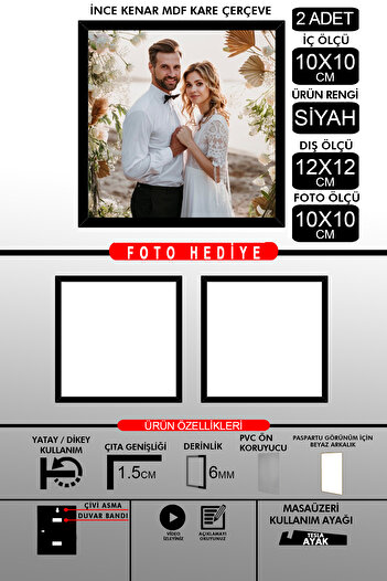 yhfoto 2Pcs 10X10 Frame - Fine Slatted Frame - Black Frame - Square Frame - Photo Frame