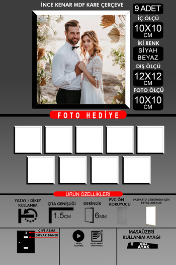 bymat 9Pcs 10X10 Frame - Fine Slatted Frame - 2 Colors Black White - Square Frame Photo Frame