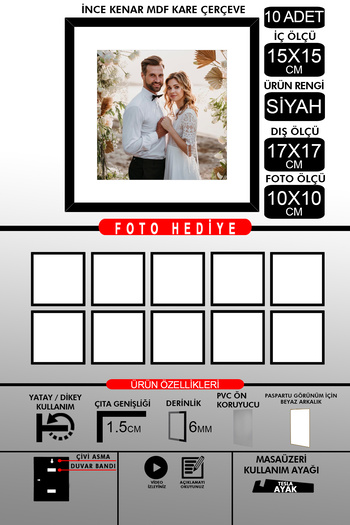 bymat 10 Pieces 15X15 Frame - Thin Slatted Frame - Black Frame - Square Frame - Photo Frame