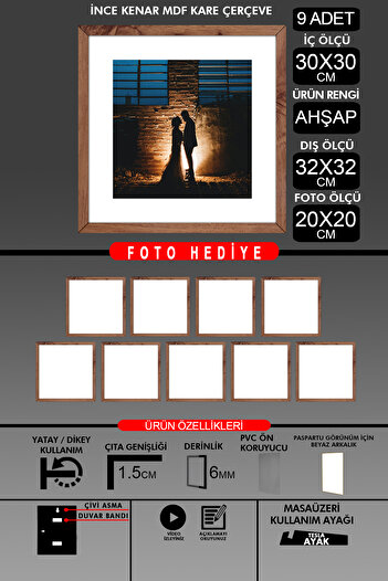yhfoto 9 Pieces 30X30 Frame - Thin Slatted Frame - Wooden Frame - Square Frame - Photo Frame