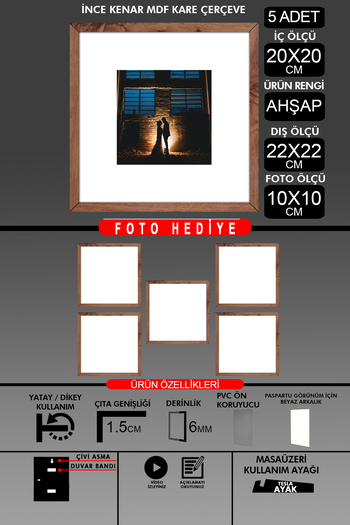 Bytwo 5 Pieces 20X20 Frame - Thin Slatted Frame - Wooden Frame - Square Frame - Photo Frame