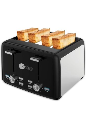 Afra Electric Breakfast Toaster, 1600W, 4 Slots, Removable Crumb Tray, Matte Black Finish, Browning,