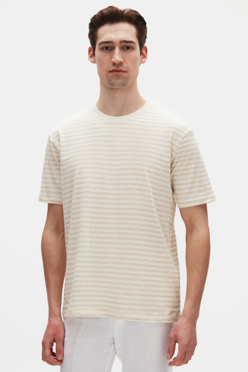 D'S Damat Ds Damat Regular Fit Beige Plain Linen Blended T-Shirt