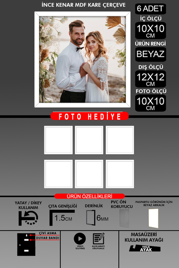 Bytwo 6Pcs 10X10 Frame - Fine Slatted Frame - White Frame - Square Frame - Photo Frame