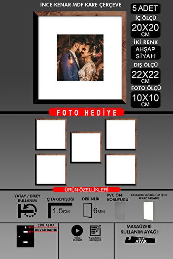 bymat 5Pcs 20X20 Frame - Thin Slatted Frame - 2 Colors Wood Black - Square Frame Photo Frame