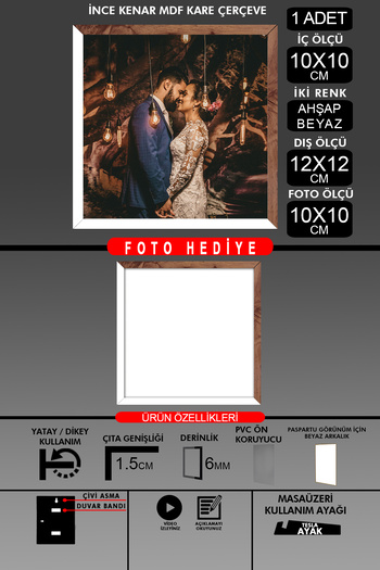 Bytwo 1Pcs 10X10 Frame - Fine Slatted Frame - 2 Colors White Wood- Square Frame Photo Frame