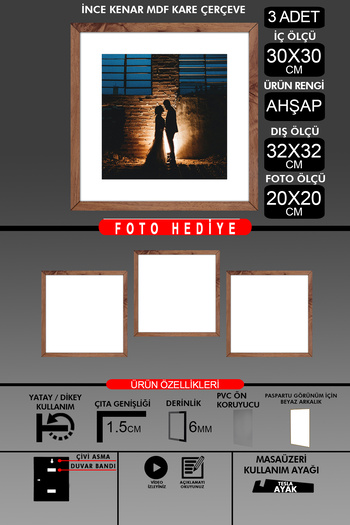 Bytwo 3 Pieces 30X30 Frame - Thin Slatted Frame - Wooden Frame - Square Frame - Photo Frame