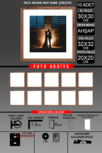 yhfoto 10 Pieces 30X30 Frame - Thin Slatted Frame - Wooden Frame - Square Frame - Photo Frame