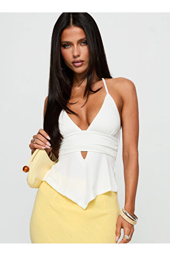 fablair V-Neck Tie-Up Draped White Blouse
