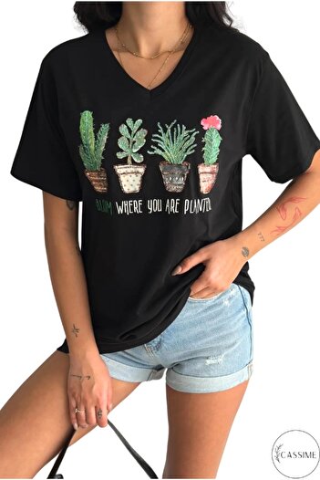 Cassime Women's Black 100% Cotton Cactus Sequin Embroidered Large Size T-Shirt
