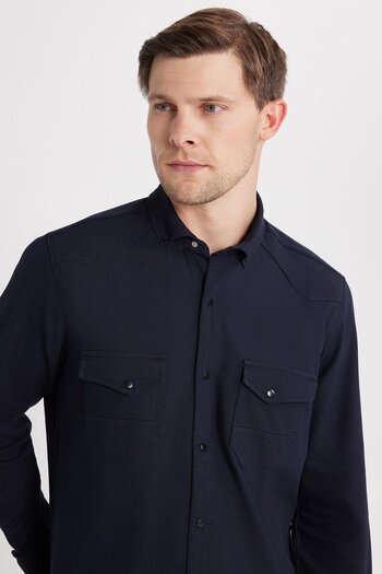 Tudors Men's Regular Fit Relaxed Fit Double Pocket Sports Collar Denim Navy Blue Shirt