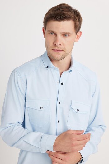 Tudors Regular Fit Relaxed Fit Double Pocket Sports Collar Denim Shirt