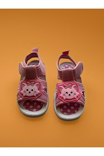 GEZER Kız Çocuk Pembe Kedi Desenli Ayarlanabilir Günlük Sandalet