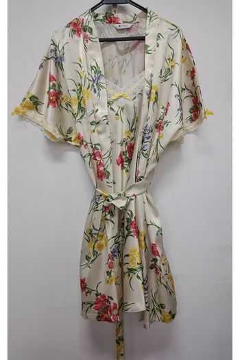 ENGIN Women's 2-Piece Ecru Floral Satin Dressing Gown Nightgown Set
