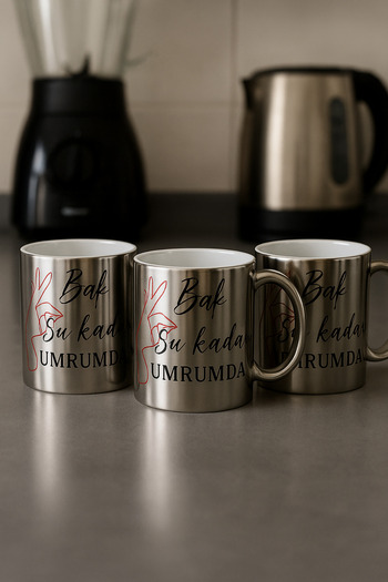 çokaş Pack of 3 Lettering Print Large Size Silver Tea Mug Cups