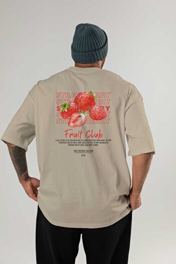 Ankhises Μπλουζάκι Strawberry Back Printed Beige Oversize Ανδρικό Γυναικείο Βαμβακερό μπλουζάκι με λαιμόκοψη