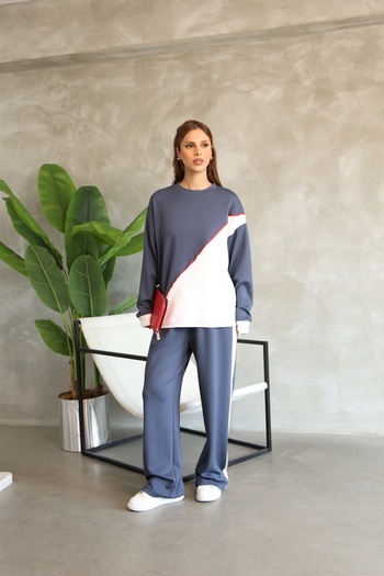 sportiness Garnished Piping Detailed Oversize Wide Leg Modal Fabric Tracksuit Set