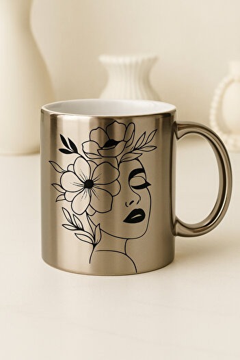 çokaş Women's Printed Large Size Silver Porcelain Mug