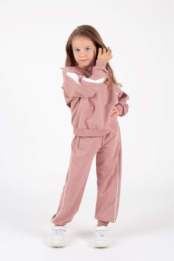 Mnk Baby&Kids Girl's Bat Sleeve Stripe Detailed Bottom-Top Tracksuit Set M00755 Powder
