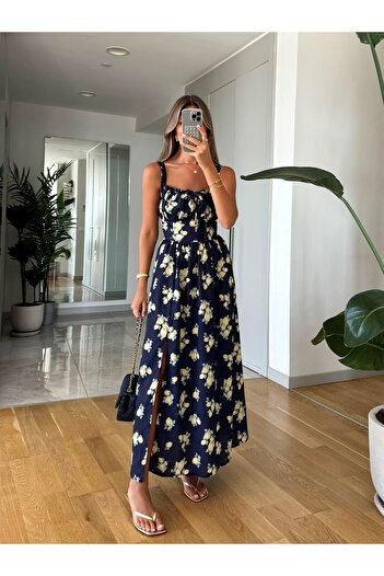 Afiş Butik Navy Blue Strap Lemon Printed Slit Dress