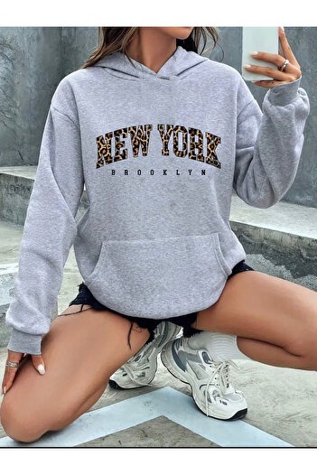 herkesemoda Світшот з капюшоном, підкладкою з флісу та принтом New York