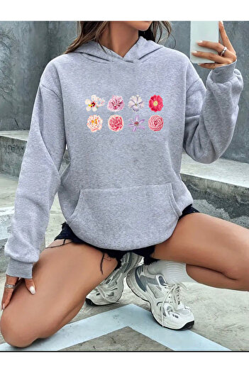 herkesemoda Світшот з капюшоном і підкладкою з флісу з принтом квітів