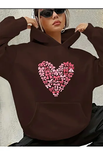 herkesemoda Heart Bow Printed Hooded Sweatshirt with Fleece Inside