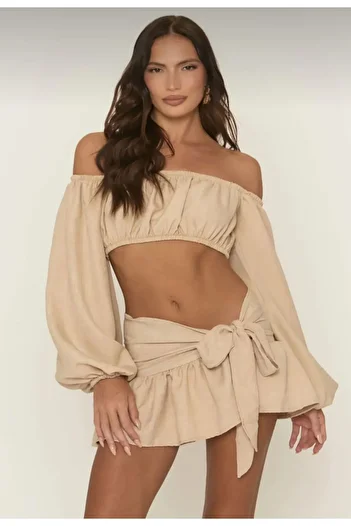 World Fashion Trends Off Shoulder Detailed Linen Look Suit Side Tie Skirt+Crop