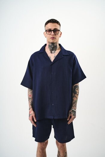 Respire Men's Short Sleeve Oversize Muslin Shirt Navy Blue
