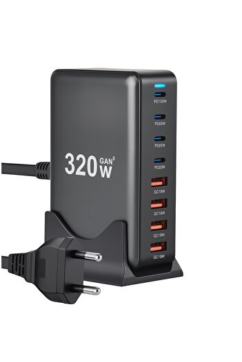 REDz Accessories Stație de încărcare, GAN 320W, 8 porturi – 4 USB-C PD + 4 USB-A QC, Design compact