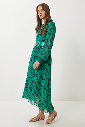 Lovelyİstanbul Rochie din șifon cu volan cu model arcuit LFG0085 VERDE NEGRU