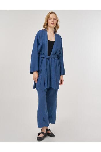 KYR Embroidery Appliqued Linen Viscose Kimono Suit Indigo