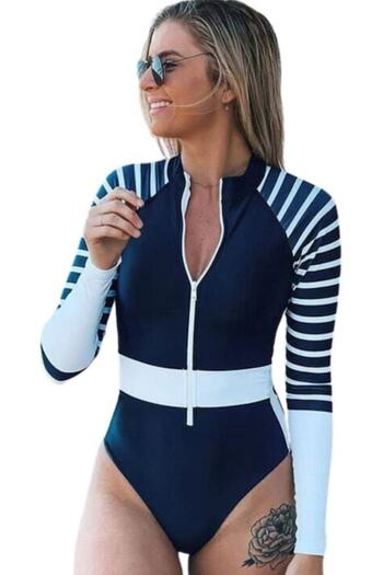 Mixbo - One Piece Swimsuit, Scuba, Long Sleeve, Navy, Size M
