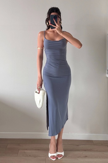 Eka Women's Anthracite Strap Slit Long Dress 1009-1034